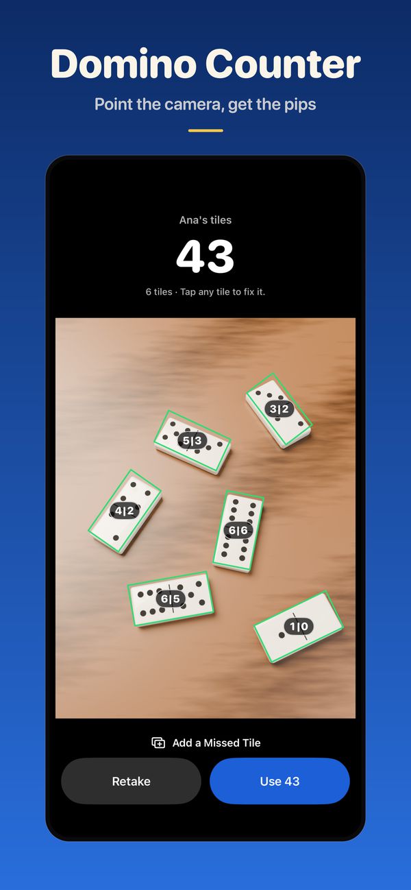 Domino Score counting six dominoes in a photo: 43 points, with every tile labeled, a Retake button and a Use 43 button.