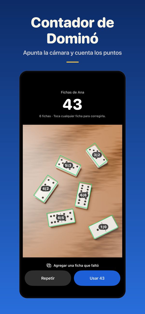Domino Score cuenta seis fichas en una foto: 43 puntos, con cada ficha marcada y los botones Repetir y Usar 43.