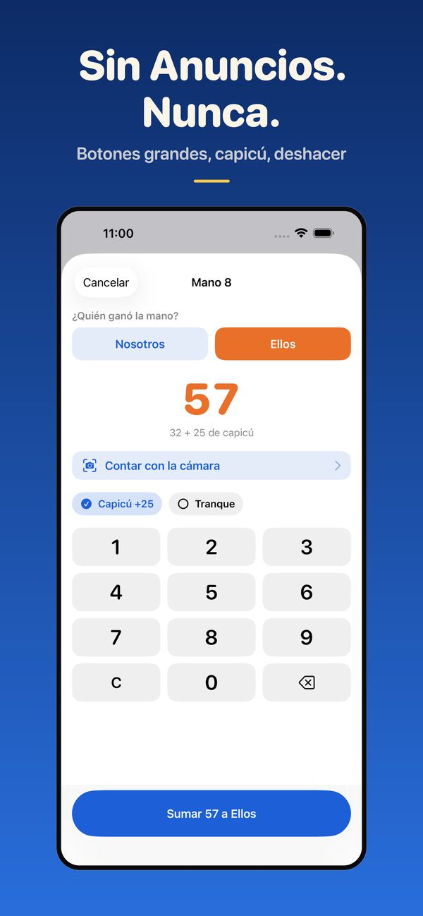 Anotar una mano: eliges la pareja que ganó, escribes los puntos o los cuentas con la cámara, y marcas capicú o tranque.