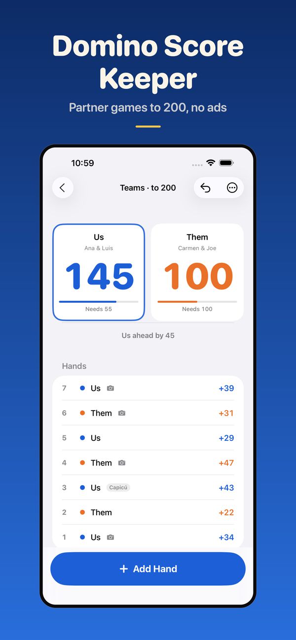 A partner game to 200: Us 145, Them 100, with every hand listed.
