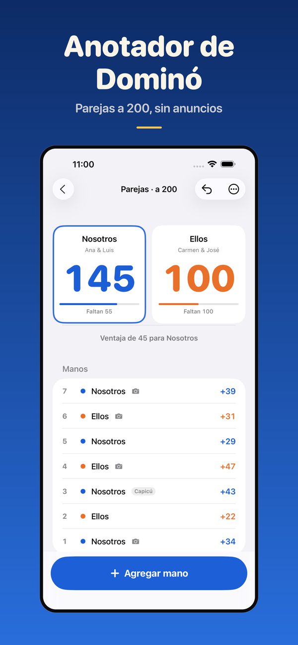 Una partida en parejas a 200: Nosotros 145, Ellos 100, con todas las manos.